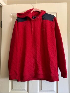 Men's Red Quilted Hoodie with Navy Shoulder Panels. Men’s large.
